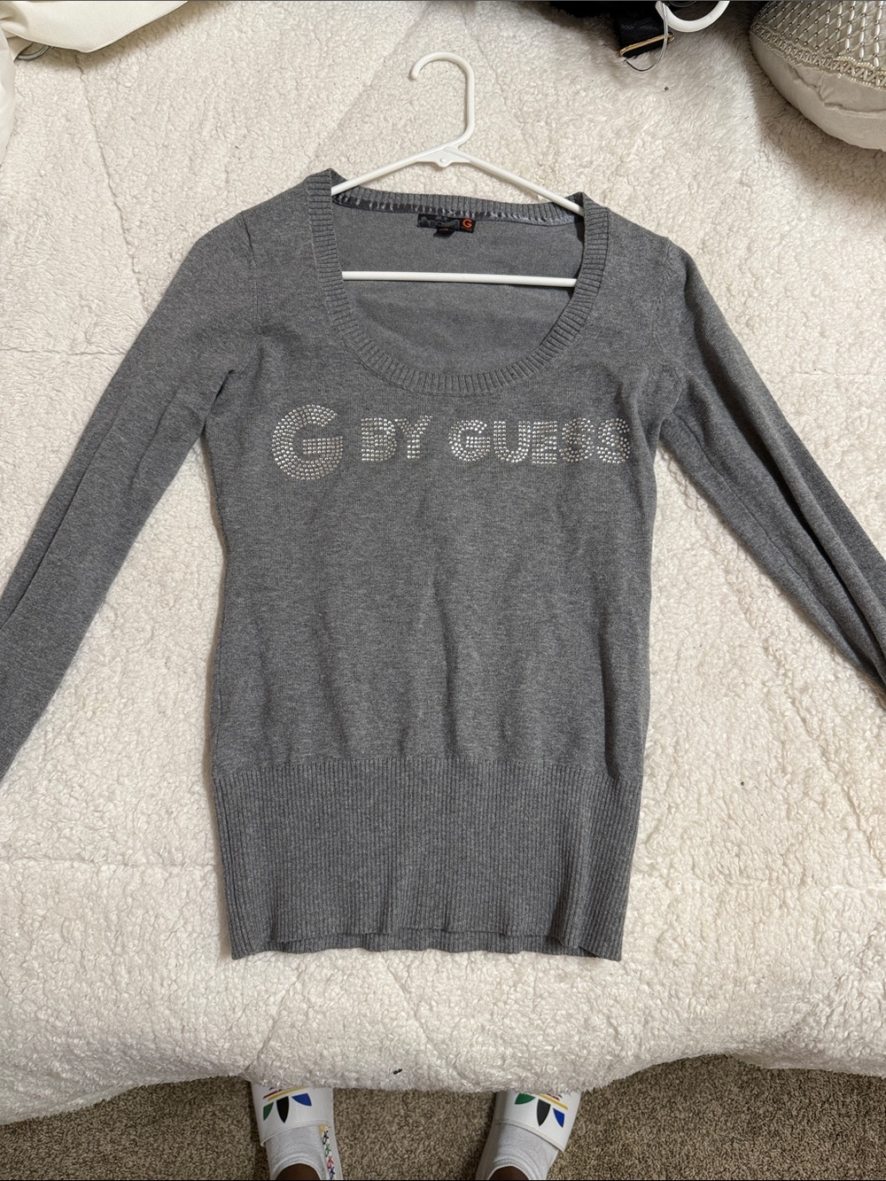 Guess Gray Rhinestone Logo Scoop Neck Sweater